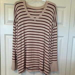 LOFT Outlet Women's Striped V-Neck Long Sleeve Top - Cream and Brown L